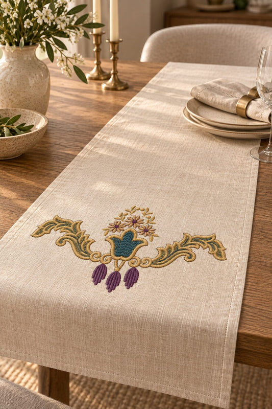 Single three-color floral tassel crest machine embroidery near the end of a natural linen table runner