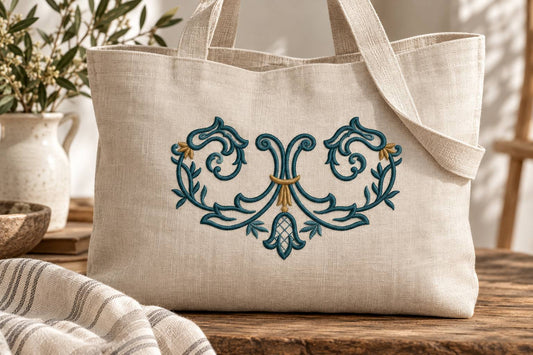 Photorealistic symmetrical acanthus scroll machine embroidery in deep petrol and antique brass thread on a large linen tote bag, shown as one fabric-stitched motif