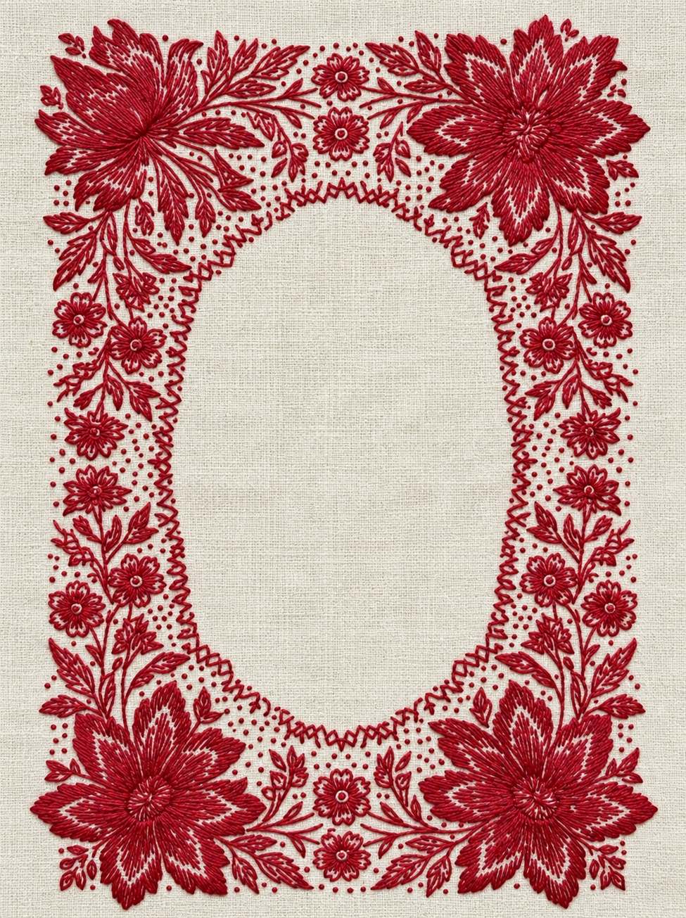 Embroidery visualization of four corner flowers and an open oval frame in one red cotton thread color on warm ivory linen.