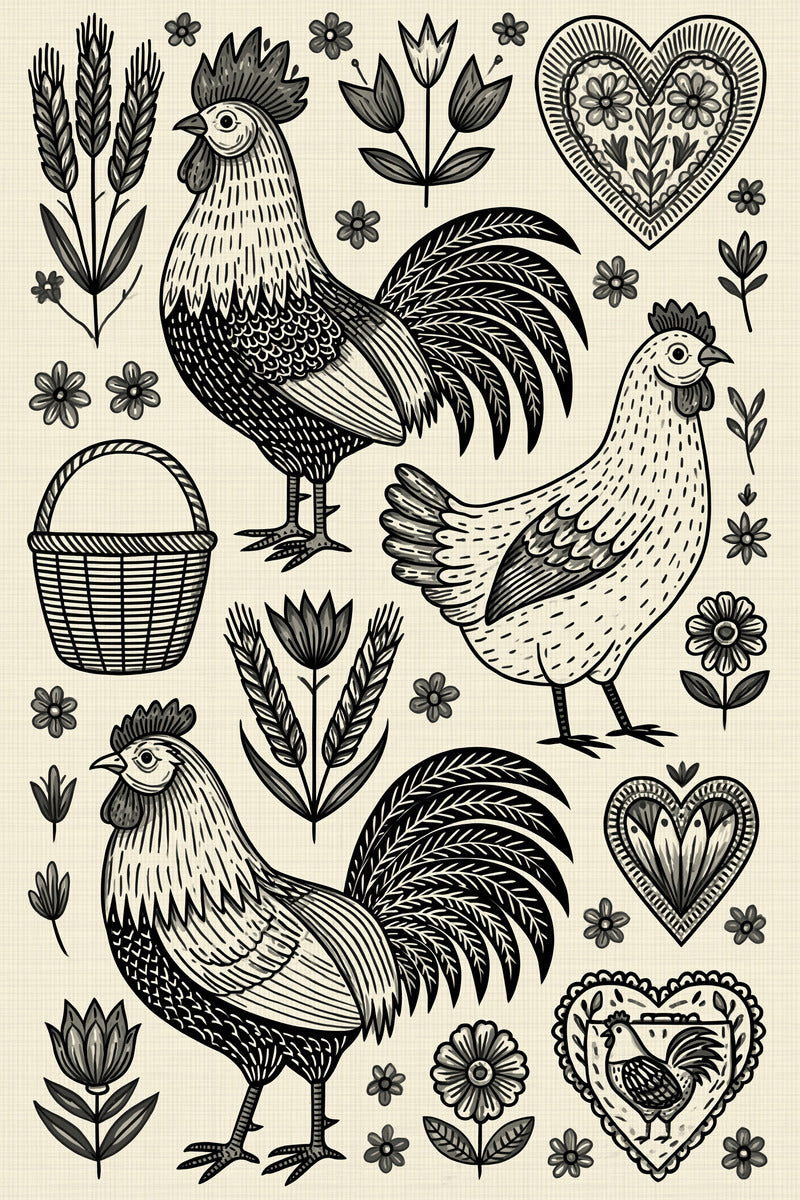 Roosters Farmhouse And Folk Kitchen from Kitchen Towels & Aprons Embroidery Book 4, a digital embroidery design reference for machine embroidery designs, embroidery patterns and linen and home textile projects.