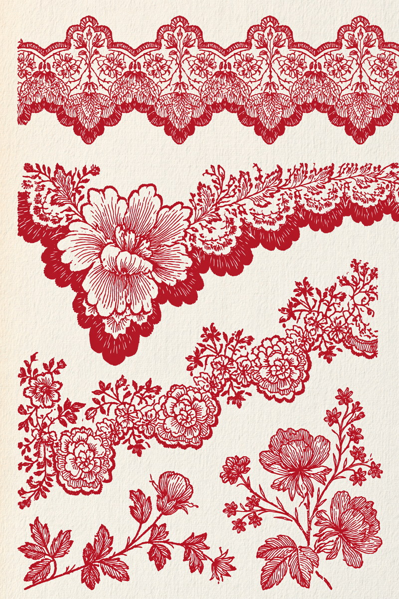 Scalloped Lace And Botanical Border from Classic Frames & Borders Book 1, a digital embroidery design reference for machine embroidery designs, embroidery patterns and border and edge embroidery.