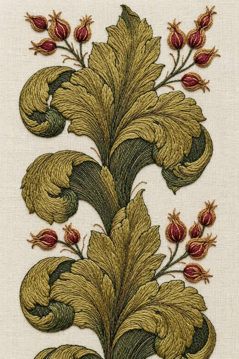 Renaissance Hand Embroidery Book 4 - golden acanthus vertical border. Fine cotton hand embroidery preview faithful to the original design.