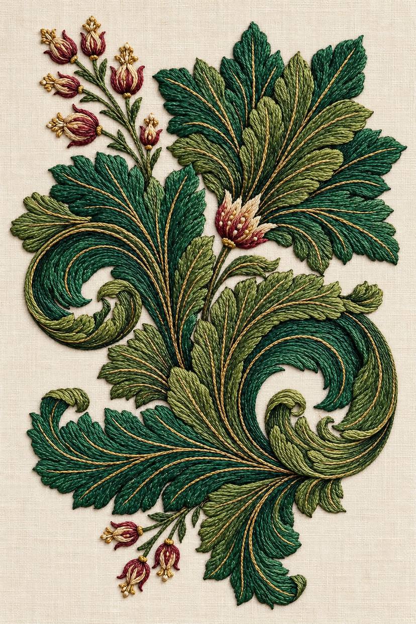 Renaissance Hand Embroidery Book 5 - green acanthus bud spray. Fine cotton hand embroidery preview faithful to the original design.