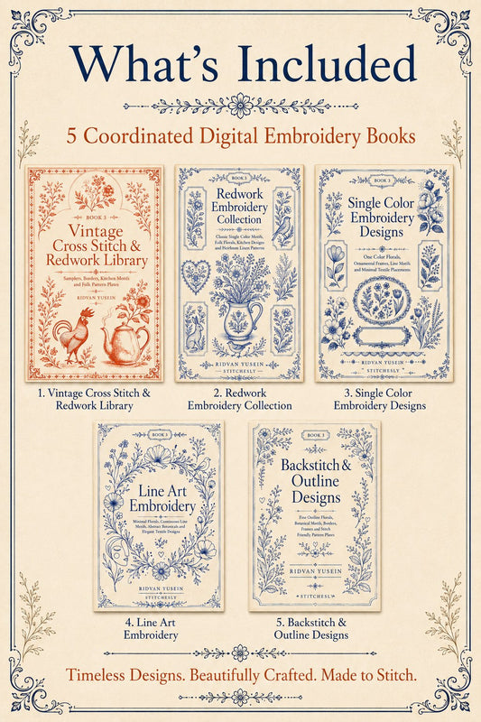 Digital PDF embroidery design bundle cover preview for Monochrome Stitch Language Bundle 3, featuring curated embroidery patterns, motif library references and textile design… - preview 2