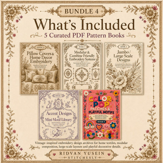 Digital PDF embroidery design bundle cover preview for Home Decor, Scale & Modular Systems Bundle 4, featuring curated embroidery patterns, motif library references and textile… - preview 2
