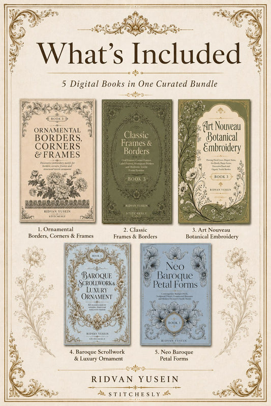Digital PDF embroidery design bundle cover preview for Ornamental Borders & Baroque Frames Bundle 3, featuring curated embroidery patterns, motif library references and textile… - preview 2