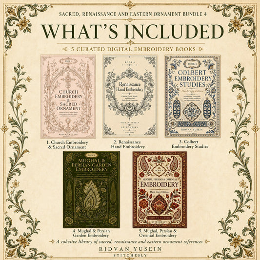 Digital PDF embroidery design bundle cover preview for Sacred, Renaissance & Eastern Ornament Bundle 4, featuring curated embroidery patterns, motif library references and… - preview 2