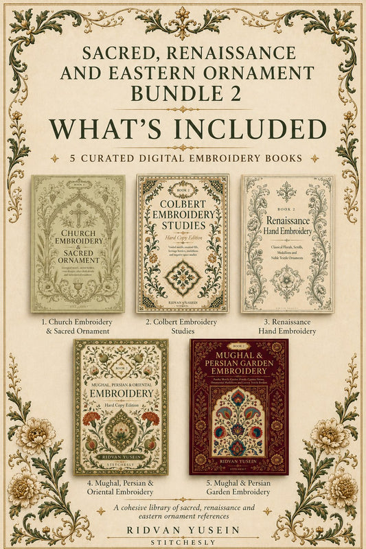 Digital PDF embroidery design bundle cover preview for Sacred, Renaissance & Eastern Ornament Bundle 2, featuring curated embroidery patterns, motif library references and… - preview 2