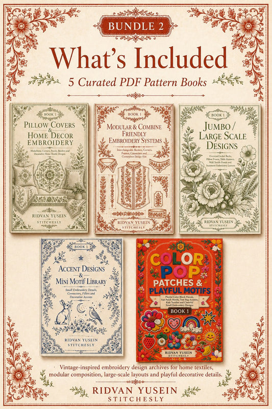 Digital PDF embroidery design bundle cover preview for Home Decor, Scale & Modular Systems Bundle 2, featuring curated embroidery patterns, motif library references and textile… - preview 2