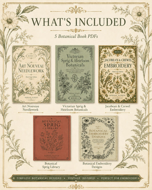 Digital PDF embroidery design bundle cover preview for Botanical Garden Archive Bundle 2, featuring curated embroidery patterns, motif library references and textile design… - preview 2