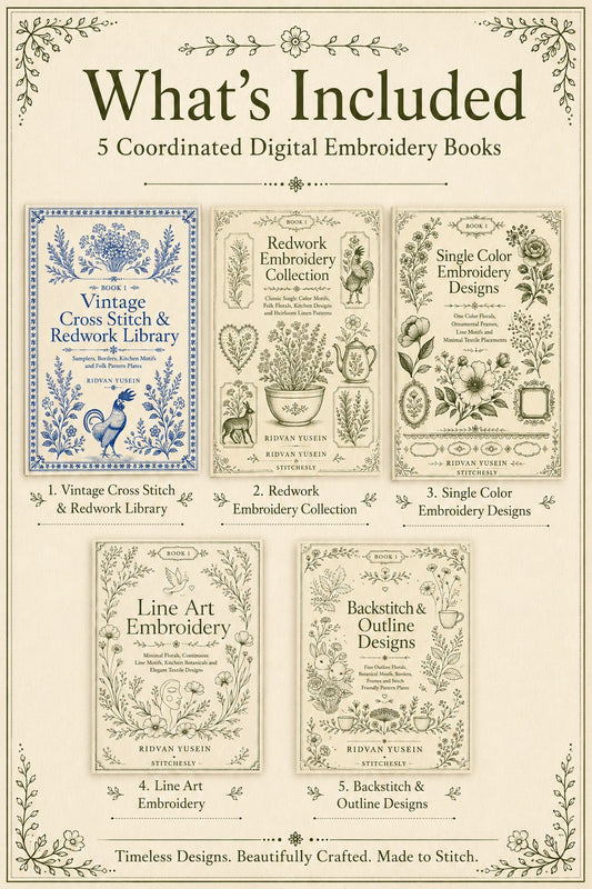 Digital PDF embroidery design bundle cover preview for Monochrome Stitch Language Bundle 1, featuring curated embroidery patterns, motif library references and textile design… - preview 2