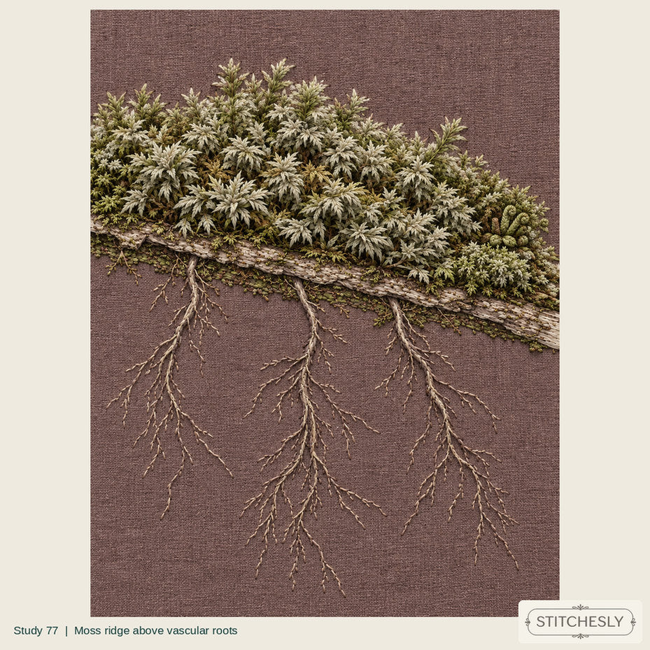 Study 77, Moss ridge above vascular roots, a full composition shown as an embroidered textile interpretation from The Woodland Undersong.