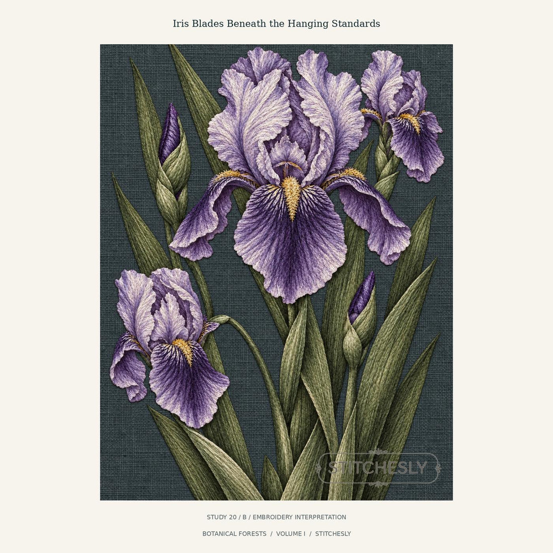 Purple iris with upright and hanging petals, pale ruffled margins and yellow accents, showing varied surface directions in Botanical Forests Study 20 B.