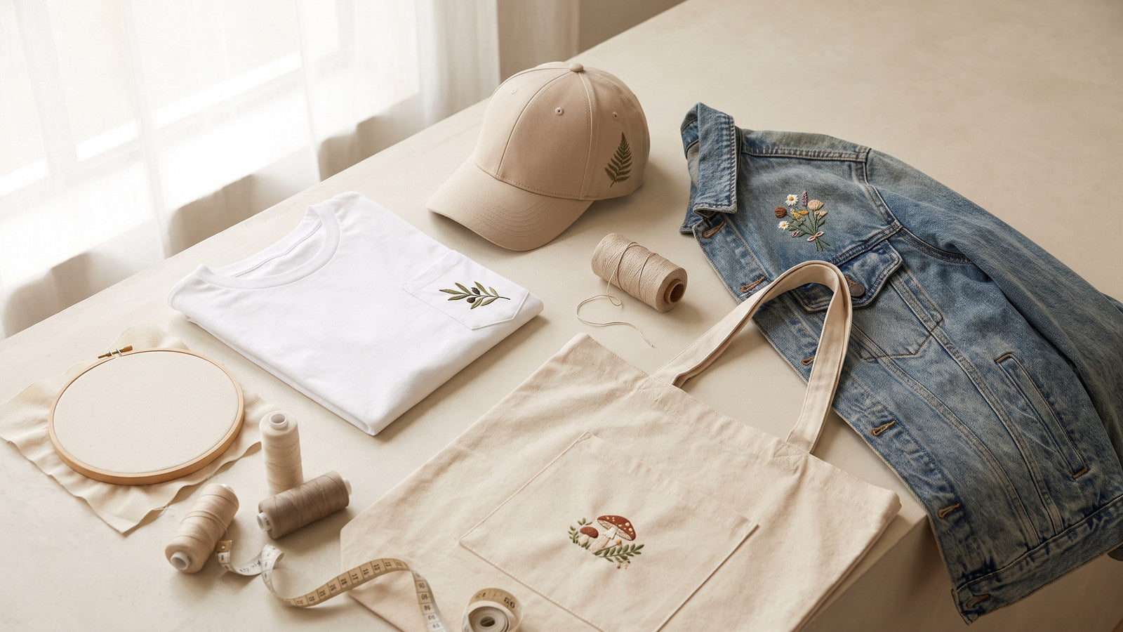 Machine embroidery projects arranged on a T-shirt, cap, denim jacket and tote bag