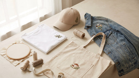 Machine embroidery projects arranged on a T-shirt, cap, denim jacket and tote bag