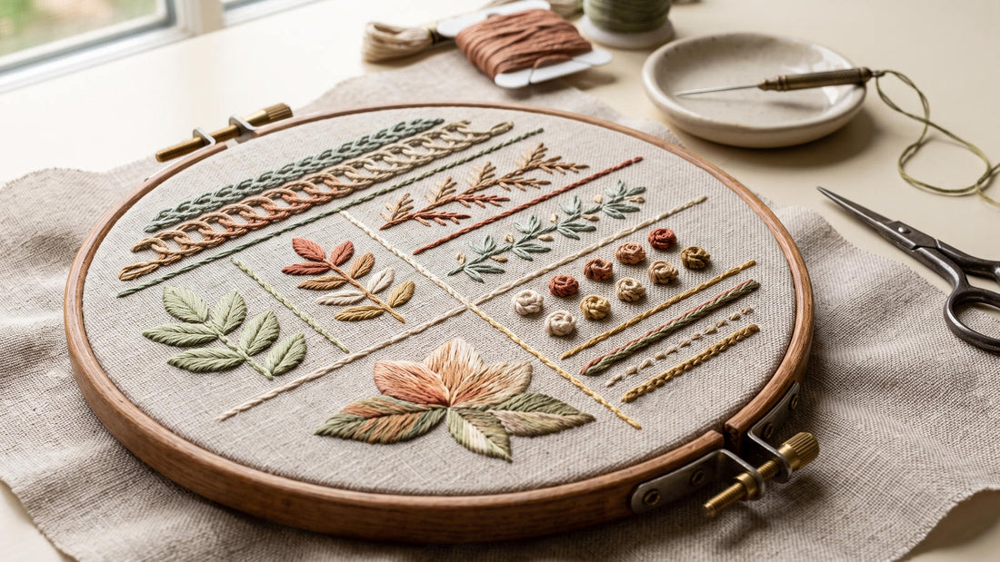Advanced hand embroidery sampler with chain, feather, fly, bullion and couching stitches