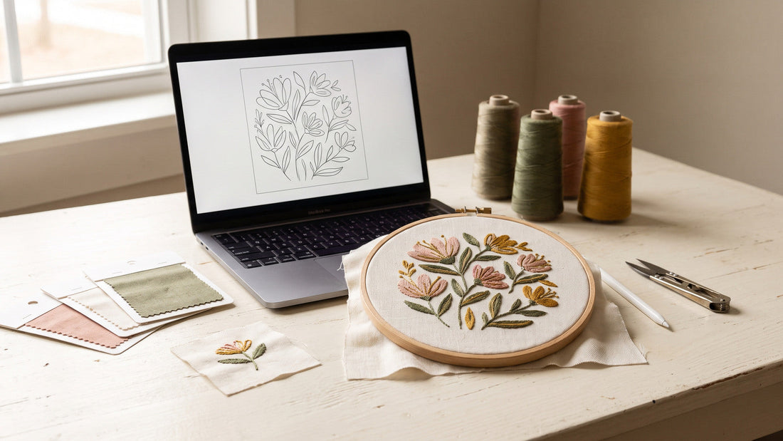 Machine embroidery design shown from digital planning to finished stitch-out