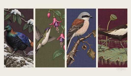 Four Botanical Forests bird studies comparing feather direction, layered plumage and controlled embroidery density.