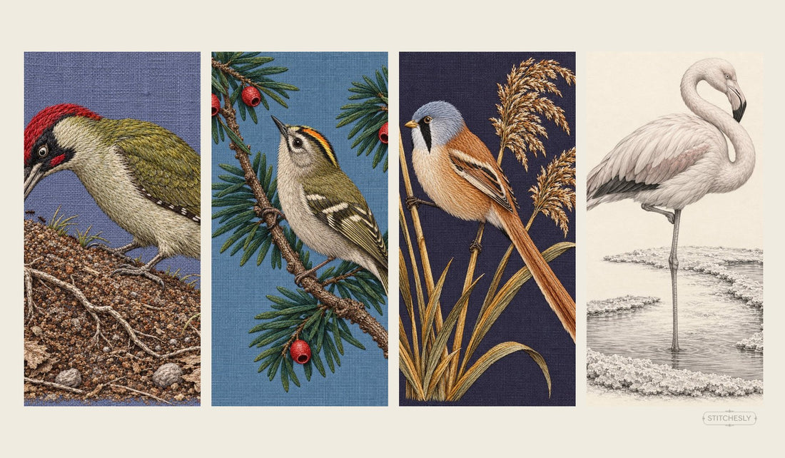 Four bird embroidery studies comparing multi-green plumage, diagnostic colour accents, dark-ground palette interaction and colour-independent structure.