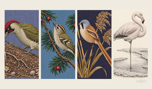 Four bird embroidery studies comparing multi-green plumage, diagnostic colour accents, dark-ground palette interaction and colour-independent structure.