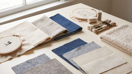 Cotton, denim, jersey, linen, towel and felt fabrics arranged for embroidery selection