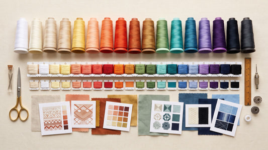 Embroidery thread palette, fabric swatches and stitched color samples arranged by value and contrast