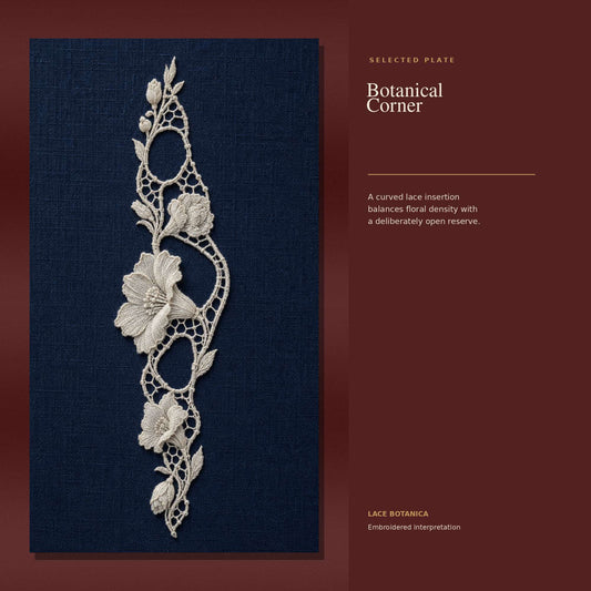 Curved botanical embroidered lace corner study on red textile