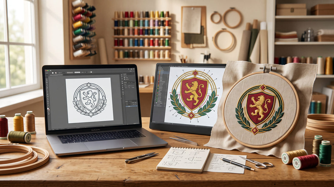 Computer artwork, embroidery objects and a finished stitched logo shown as stages of machine embroidery design