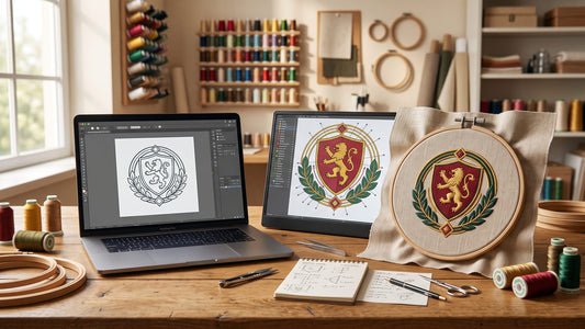 Computer artwork, embroidery objects and a finished stitched logo shown as stages of machine embroidery design