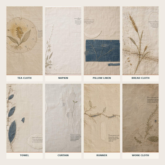 Tea cloth, napkin, pillow linen, bread cloth, towel, curtain, runner and work cloth treated as a domestic archive
