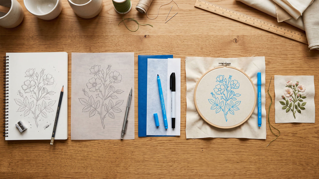 Embroidery sketch, tracing paper, fabric transfer tools and a finished stitched botanical motif