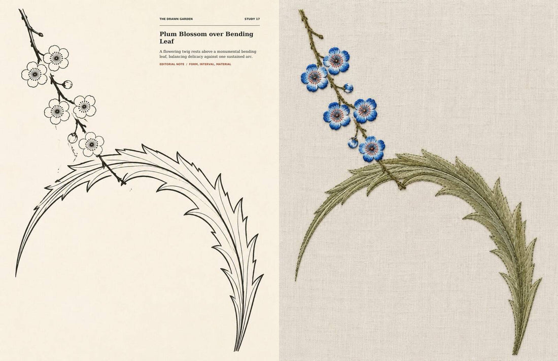 Drawn Ottoman plum blossom and bending leaf beside its stitched linen interpretation