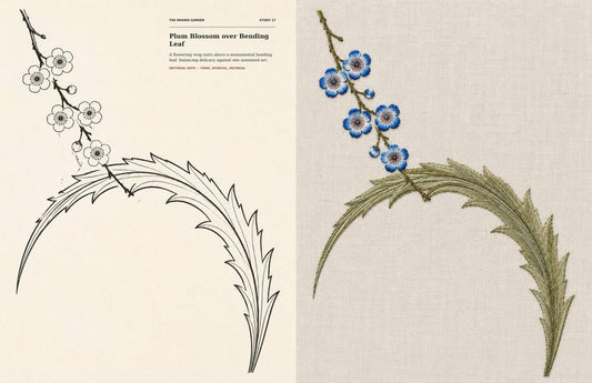 Drawn Ottoman plum blossom and bending leaf beside its stitched linen interpretation
