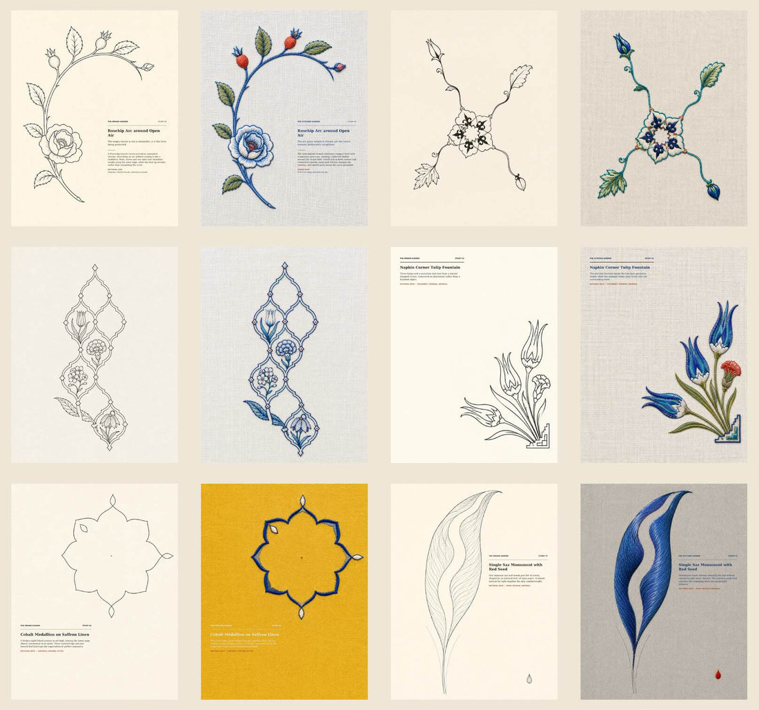 Twelve independent Ottoman floral drawing and embroidery pages arranged as a visual archive