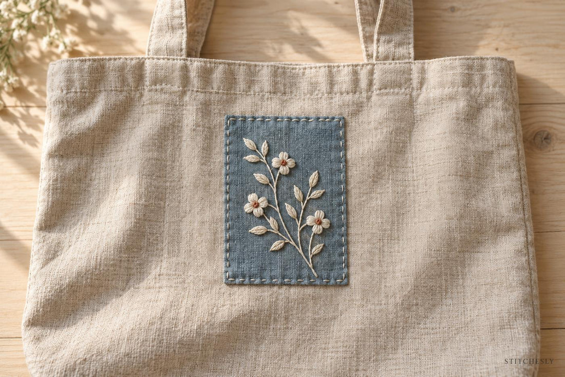 Slate-blue linen patch with cream botanical embroidery and rust flower centres on an oatmeal linen tote bag.