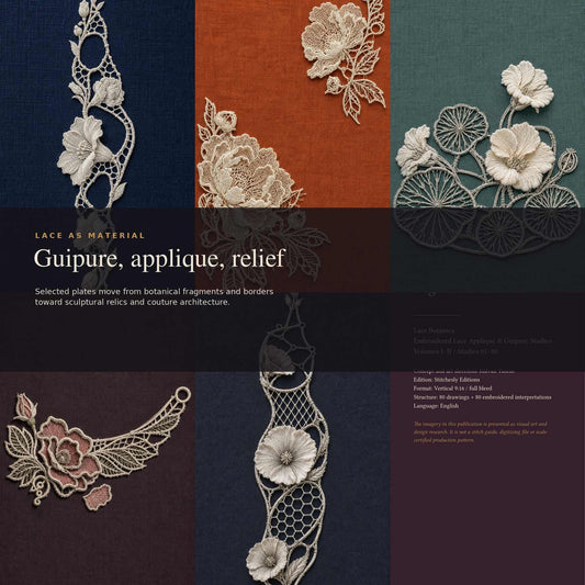 Detailed embroidered lace appliqué and guipure-inspired botanical artworks from Lace Botanica