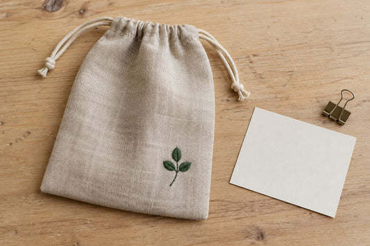 Finished sand-colored pouch with a green leaf sprig beside a blank delivery record card