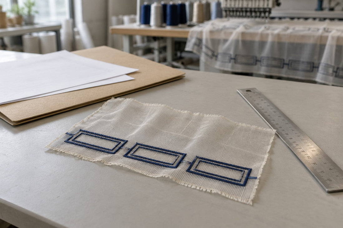 Sheer embroidery sample beside a ruler and job folder on a textile worktable