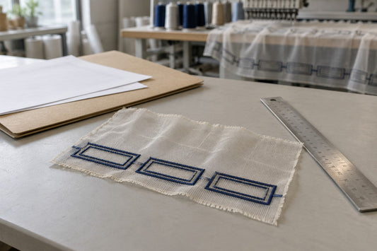 Sheer embroidery sample beside a ruler and job folder on a textile worktable