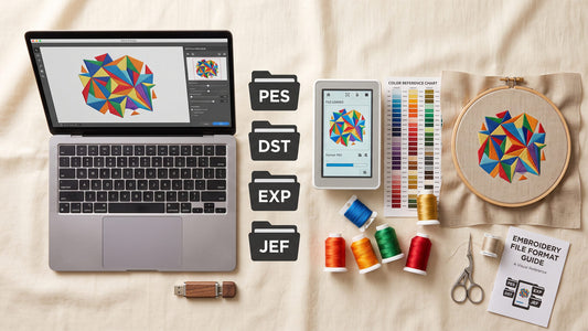 Embroidery file formats PES, DST, EXP and JEF organised with machine and computer workflow
