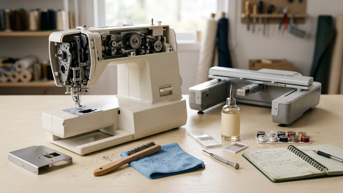 Embroidery machine maintenance tools, clean bobbin area, needle and service log
