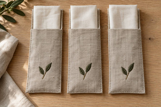 Three linen cutlery sleeve concepts with small olive-colored embroidered sprigs