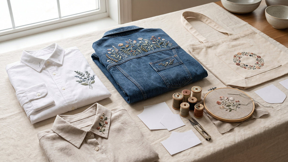 Embroidered shirts, collar, cuff, denim jacket and canvas bag arranged as wearable embroidery examples