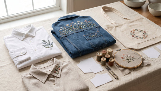 Embroidered shirts, collar, cuff, denim jacket and canvas bag arranged as wearable embroidery examples