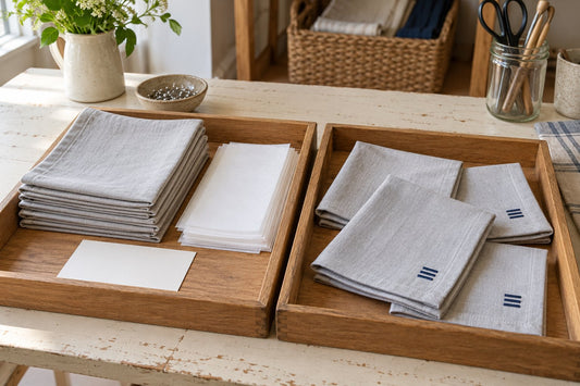 Preparation tray with grey napkins and stabilizer beside a tray of finished navy bar embroidery