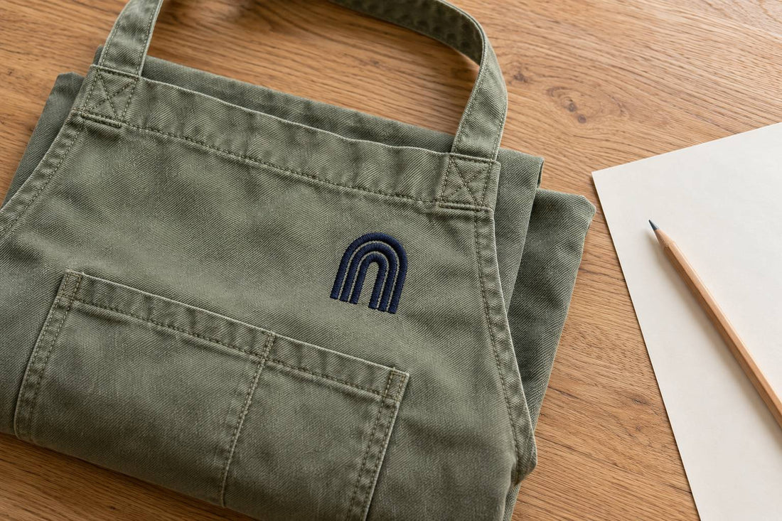 Sage cotton apron with navy machine embroidery beside a blank pricing worksheet