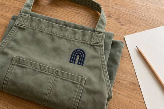Sage cotton apron with navy machine embroidery beside a blank pricing worksheet