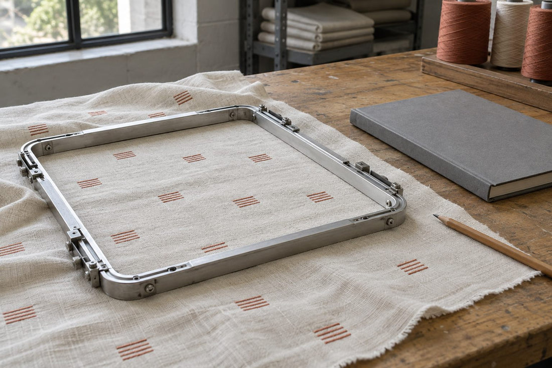Metal embroidery frame beside a manual and rust-stitched ivory cloth