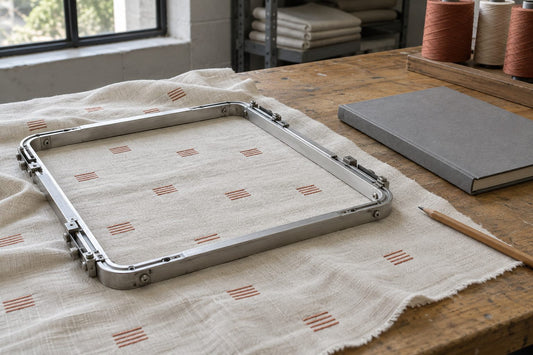 Metal embroidery frame beside a manual and rust-stitched ivory cloth