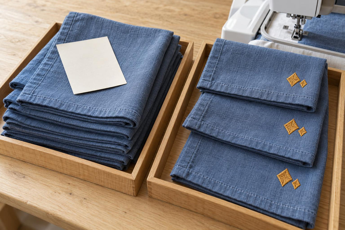 Prepared blue cotton towels and embroidered towels in separate work trays